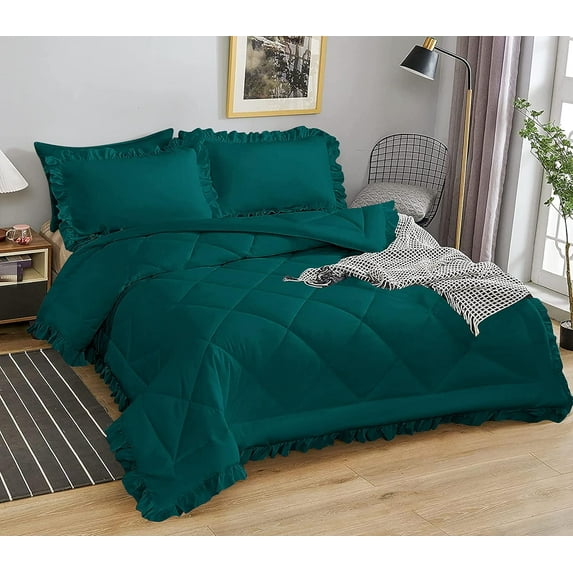 DNG Creations 3 Piece Ruffle Diamond Comforter All Season 550 GSM California King Size - 800 Threads Count, 100% Egyptian Cotton Solid Teal Colour
