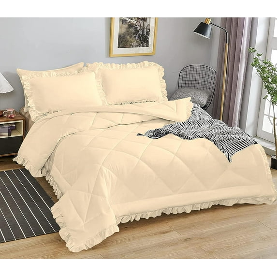 DNG Creations 3 Piece Ruffle Diamond Comforter All Season 550 GSM Oversized King Size - 800 Threads Count, 100% Egyptian Cotton Solid Ivory Colour