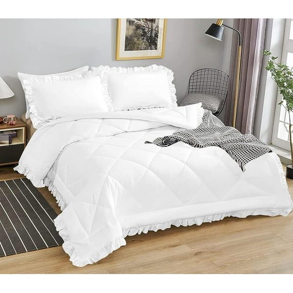 DNG Creations 3 Piece Ruffle Diamond Comforter All Season 550 GSM Oversized King Size - 800 Threads Count, 100% Egyptian Cotton Solid White Colour
