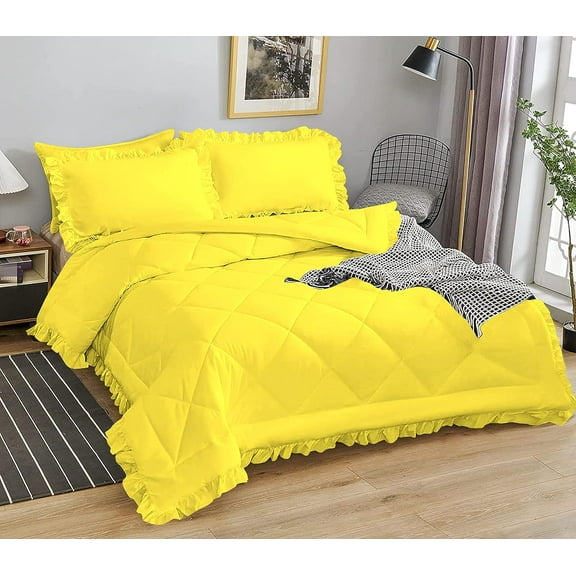 DNG Creations 3 Piece Ruffle Diamond Comforter All Season 550 GSM Oversized Queen Size - 800 Threads Count, 100% Egyptian Cotton Solid Yellow Colour