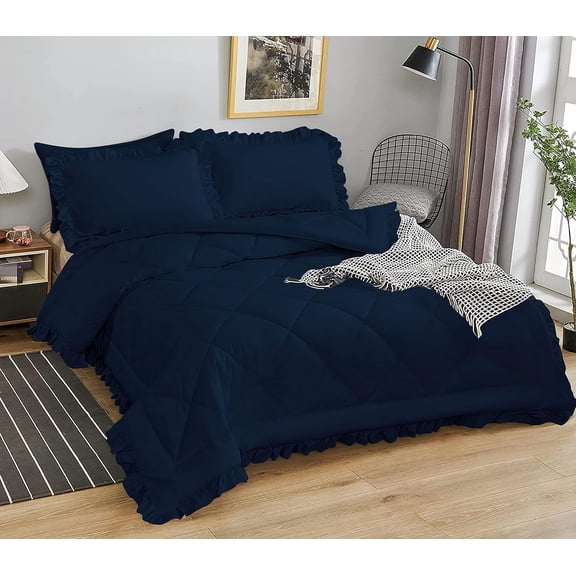 DNG Creations 3 Piece Ruffle Diamond Comforter All Season 550 GSM Twin/Twin XL Size - 800 Threads Count, 100% Egyptian Cotton Solid Navy Blue Colour