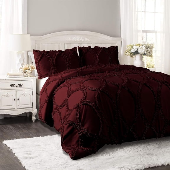 DNG Creations 3 Piece Ruffle Ribbon Design Comforter ( Oversized Queen Size ) Ultra Soft All-Season 550 GSM 800 Threads Count,100% Egyptian Cotton - Solid Wine Colour
