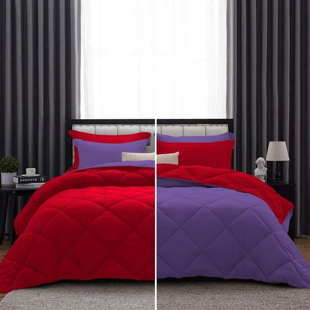 DNG Creations 3 Piece Solid Reversible Diamond Pattern Comforter 550 GSM All Season 800 TC, 100% Egyptian Cotton - Full/ Queen - Size ( Purple/Red Colour )