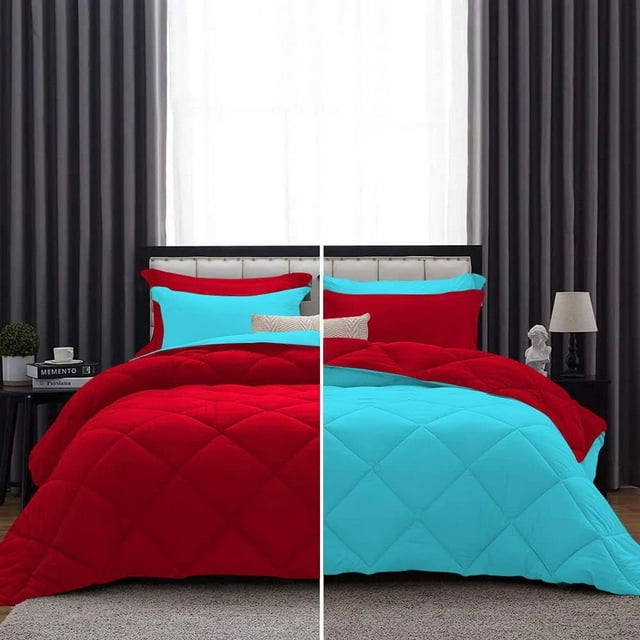 DNG Creations 3 Piece Solid Reversible Diamond Pattern Comforter 550 GSM All Season 800 TC, 100% Egyptian Cotton - Twin/ Twin XL - Size ( Turquoise-Blue/Red Colour )