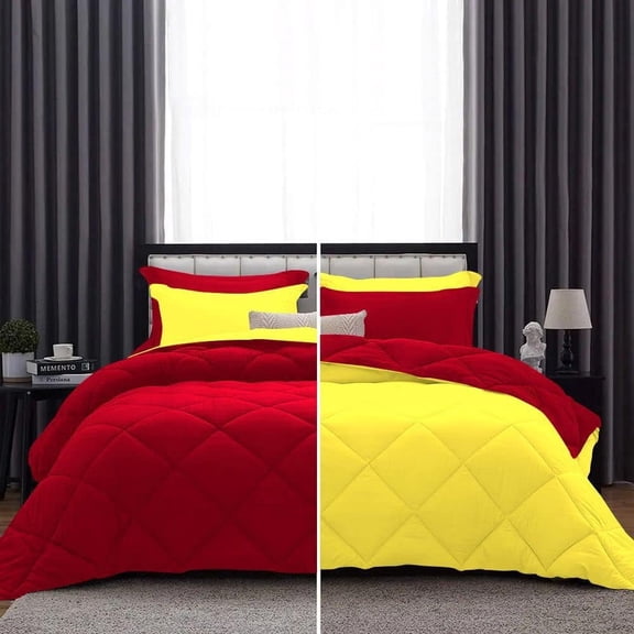 DNG Creations 3 Piece Solid Reversible Diamond Pattern Comforter 550 GSM All Season 800 TC, 100% Egyptian Cotton - Full/ Queen - Size ( Yellow/Red Colour )
