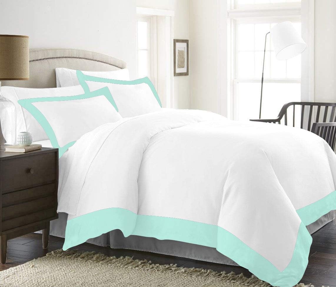 DNG Creations 3 Piece Two Tone Duvet Cover 100% Egyptian Cotton, 800 Threads Count With Zipper Closure & Corner Ties ( Solid White/ Auqa Blue - Twin/Twin XL )