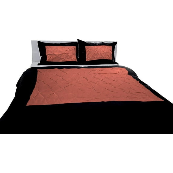 DNG Creations 3 Piece Two Tone Pinch Pleated Duvet Cover With Zipper Closure & Corner Ties 100% Egyptian Cotton ( Solid Black/ Brick Red - Full/Queen )