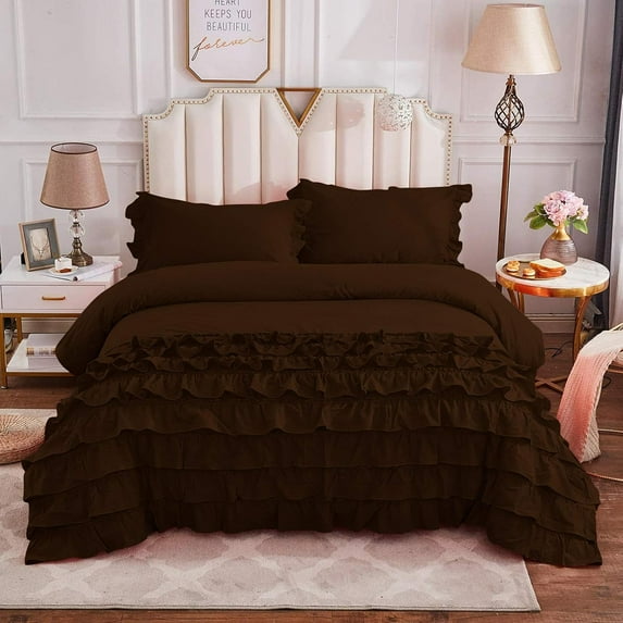 DNG Creations 3 Piece Vintage Ruffle Duvet Cover 100% Egyptian Cotton, 800 Threads Count - With Zipper & Corner Ties ( Oversized King - Solid Chocolate )