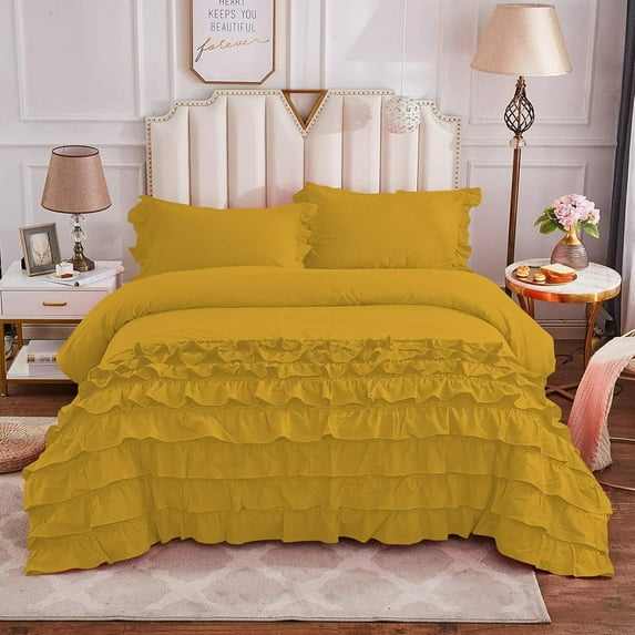 DNG Creations 3 Piece Vintage Ruffle Duvet Cover 100% Egyptian Cotton, 800 Threads Count - With Zipper & Corner Ties ( Twin/Twin XL - Solid Gold )