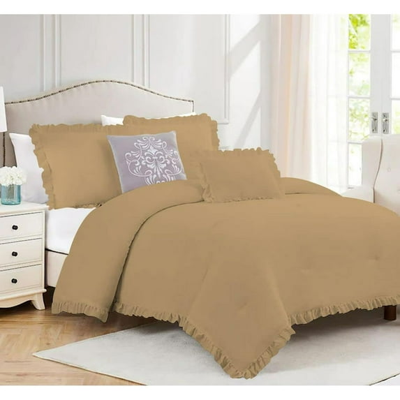 DNG Creations 3 Piece Vintage Ruffle Pattern Comforter Set Premium Ultra Soft 550 GSM All Season ( Full/Queen Size ) 100% Egyptian Cotton Solid Taupe Colour