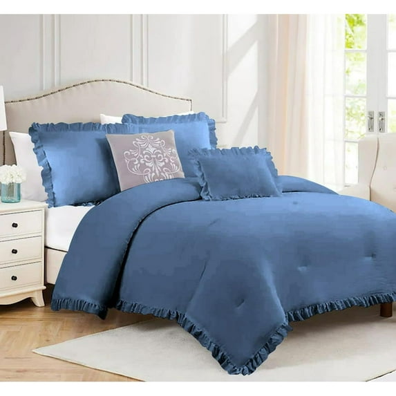 DNG Creations 3 Piece Vintage Ruffle Pattern Comforter Set Premium Ultra Soft 550 GSM All Season ( King/Cal King Size ) 100% Egyptian Cotton Solid Medium Blue Colour