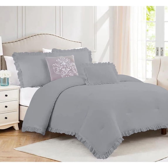 DNG Creations 3 Piece Vintage Ruffle Pattern Comforter Set Premium Ultra Soft 550 GSM All Season ( Oversized Queen Size ) 100% Egyptian Cotton Solid Silver Colour
