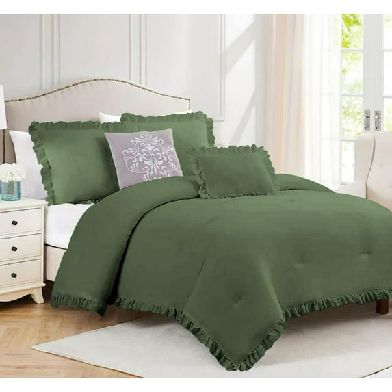 DNG Creations 3 Piece Vintage Ruffle Pattern Comforter Set Premium Ultra Soft 550 GSM All Season ( Oversized Queen Size ) 100% Egyptian Cotton Solid Moss Colour