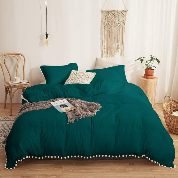 DNG Creations 3 Piece White Pom Pom Duvet Cover with Zipper Closure, 100% Egyptian Cotton, 800 Thread Cotton ( Oversized King - Solid Teal )