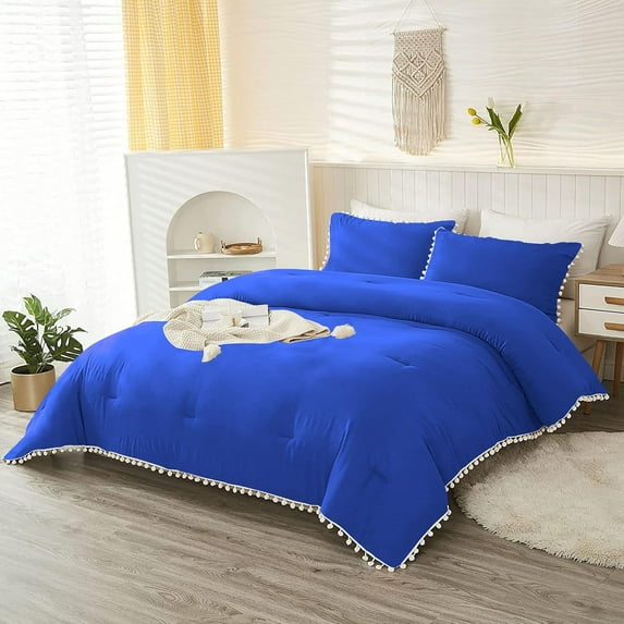 DNG Creations 3 Piece White Pom-Pom Fringe Plain Pattern Comforter ( Twin/Twin XL Size ) 100% Egyptian Cotton with 800 Threads Count - Solid Royal Blue Colour