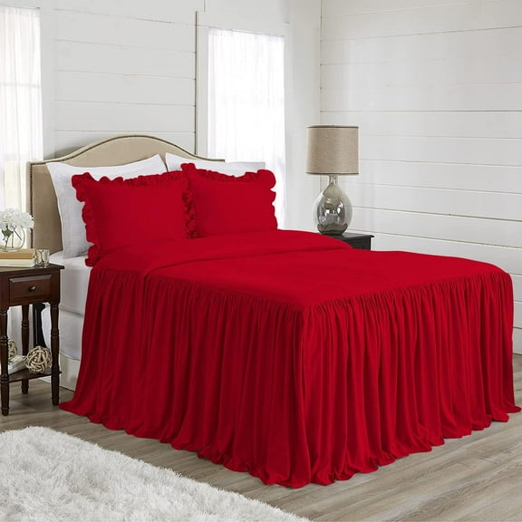 DNG Creations 4-Piece Long Ruffle Sheet Set 15-Inch Deep Pocket (Solid Red - King)