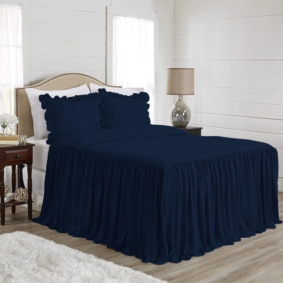 DNG Creations 4-Piece Long Ruffle Sheet Set 21-Inch Deep Pocket (Solid Navy Blue - King)