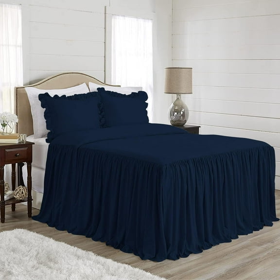 DNG Creations 4-Piece Long Ruffle Sheet Set 6-Inch Deep Pocket (Solid Navy Blue - Twin)