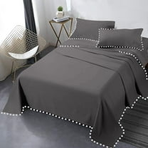 DNG Creations 4 Piece Pom Pom Sheet Set 100% Egyptian Cotton, White Pom-Pom Fringe Solid Pattern 10 Inch Deep Pocket ( Solid Dark Grey - Twin )