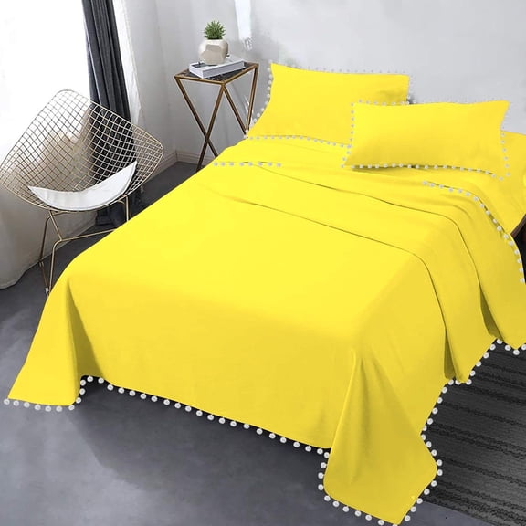 DNG Creations 4 Piece Pom Pom Sheet Set 100% Egyptian Cotton, White Pom-Pom Fringe Solid Pattern 10 Inch Deep Pocket ( Solid Yellow - Twin )
