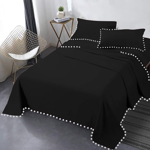 DNG Creations 4 Piece Pom Pom Sheet Set 100% Egyptian Cotton, White Pom-Pom Fringe Solid Pattern 12 Inch Deep Pocket ( Solid Black - Twin )