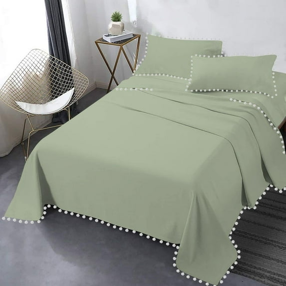 DNG Creations 4 Piece Pom Pom Sheet Set 100% Egyptian Cotton, White Pom-Pom Fringe Solid Pattern 12 Inch Deep Pocket ( Solid Light Sage - King )