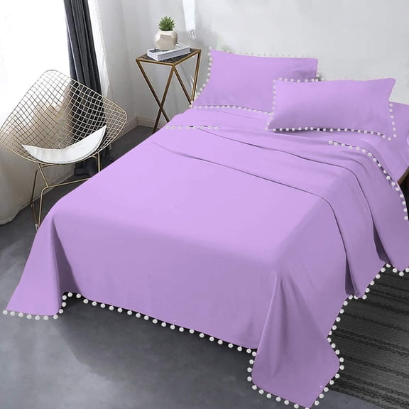 DNG Creations 4 Piece Pom Pom Sheet Set 100% Egyptian Cotton, White Pom-Pom Fringe Solid Pattern 18 Inch Deep Pocket ( Solid Lilac - Queen )