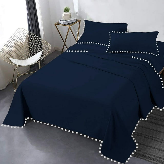 DNG Creations 4 Piece Pom Pom Sheet Set 100% Egyptian Cotton, White Pom-Pom Fringe Solid Pattern 18 Inch Deep Pocket ( Solid Navy Blue - King )