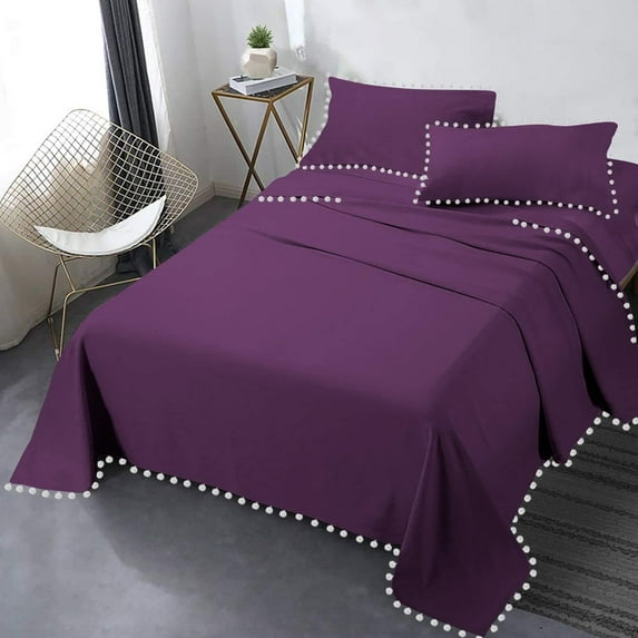 DNG Creations 4 Piece Pom Pom Sheet Set 100% Egyptian Cotton, White Pom-Pom Fringe Solid Pattern 18 Inch Deep Pocket ( Solid Plum - Twin )