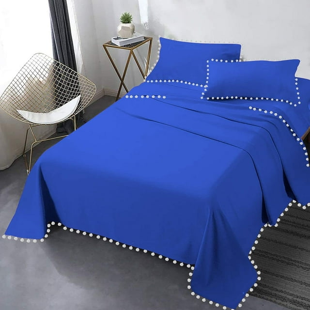 DNG Creations 4 Piece Pom Pom Sheet Set 100% Egyptian Cotton, White Pom-Pom Fringe Solid Pattern 18 Inch Deep Pocket ( Solid Royal Blue - Queen )