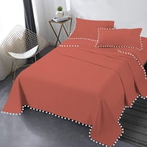 DNG Creations 4 Piece Pom Pom Sheet Set 100% Egyptian Cotton, White Pom-Pom Fringe Solid Pattern 24 Inch Deep Pocket ( Solid Brick Red - Twin )