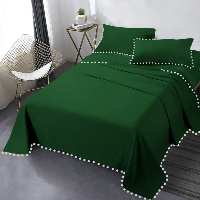 DNG Creations 4 Piece Pom Pom Sheet Set 100% Egyptian Cotton, White Pom-Pom Fringe Solid Pattern 24 Inch Deep Pocket ( Solid Green - Twin )