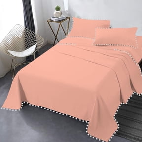 DNG Creations 4 Piece Pom Pom Sheet Set 100% Egyptian Cotton, White Pom-Pom Fringe Solid Pattern 24 Inch Deep Pocket ( Solid Peach - Queen )