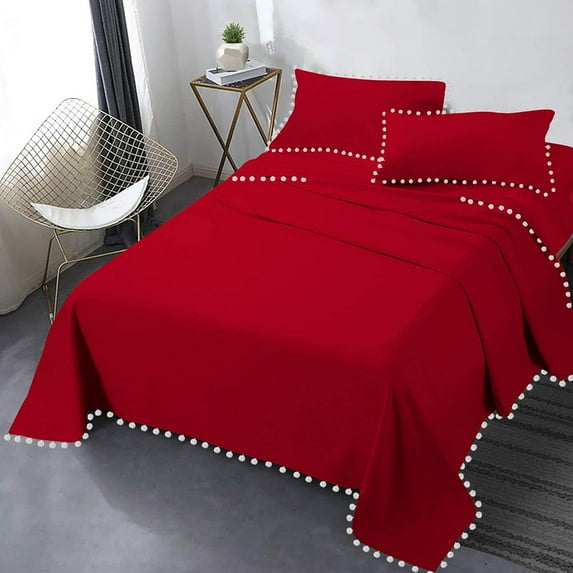 DNG Creations 4 Piece Pom Pom Sheet Set 100% Egyptian Cotton, White Pom-Pom Fringe Solid Pattern 24 Inch Deep Pocket ( Solid Red - California King )