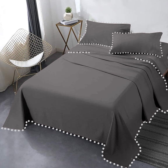 DNG Creations 4 Piece Pom Pom Sheet Set 100% Egyptian Cotton, White Pom-Pom Fringe Solid Pattern 8 Inch Deep Pocket ( Solid Dark Grey - Olympic Queen )