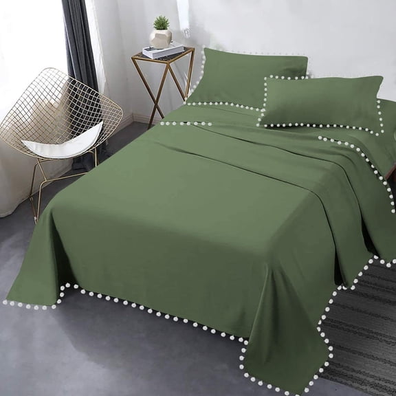 DNG Creations 4 Piece Pom Pom Sheet Set 100% Egyptian Cotton, White Pom-Pom Fringe Solid Pattern 6 Inch Deep Pocket ( Solid Moss - Twin )