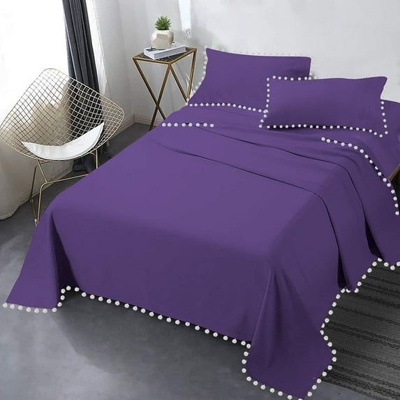 DNG Creations 4 Piece Pom Pom Sheet Set 100% Egyptian Cotton, White Pom-Pom Fringe Solid Pattern 6 Inch Deep Pocket ( Solid Purple - Olympic Queen )