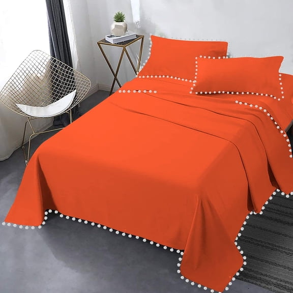 DNG Creations 4 Piece Pom Pom Sheet Set 100% Egyptian Cotton, White Pom-Pom Fringe Solid Pattern 8 Inch Deep Pocket ( Solid Orange - Olympic Queen )