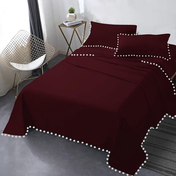 DNG Creations 4 Piece Pom Pom Sheet Set 100% Egyptian Cotton, White Pom-Pom Fringe Solid Pattern 8 Inch Deep Pocket ( Solid Wine - Olympic Queen )
