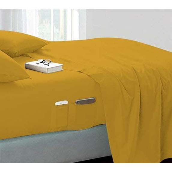 DNG Creations 4 Piece Sheet Set 12 Inch Deep Pocket With Side Storage Pockets 100% Egyptian Cotton, 800 Thread Count ( Solid Gold - Queen )