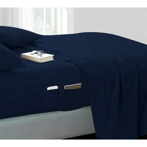 DNG Creations 4 Piece Sheet Set 12 Inch Deep Pocket With Side Storage Pockets 100% Egyptian Cotton, 800 Thread Count ( Solid Navy Blue - Twin )