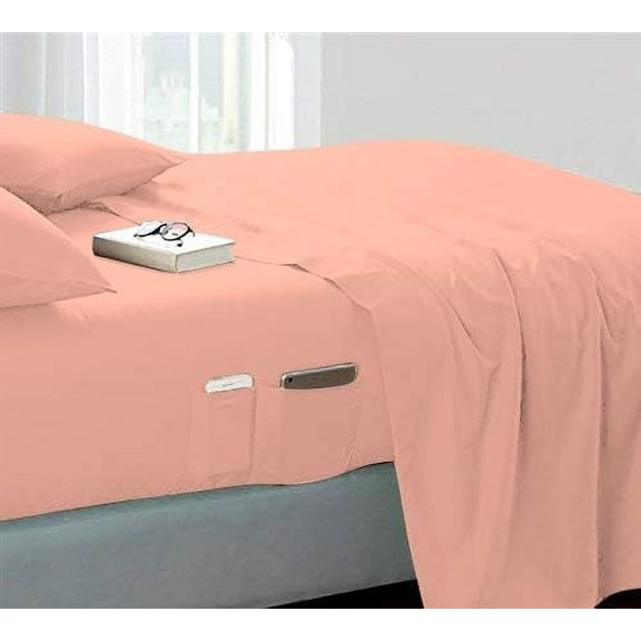 DNG Creations 4 Piece Sheet Set 12 Inch Deep Pocket With Side Storage Pockets 100% Egyptian Cotton, 800 Thread Count ( Solid Peach - Twin XL )