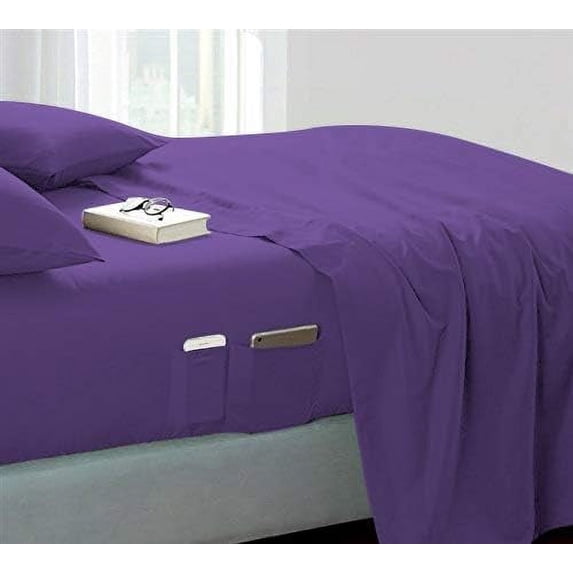 DNG Creations 4 Piece Sheet Set 12 Inch Deep Pocket With Side Storage Pockets 100% Egyptian Cotton, 800 Thread Count ( Solid Purple - King )