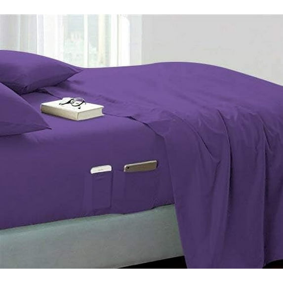 DNG Creations 4 Piece Sheet Set 12 Inch Deep Pocket With Side Storage Pockets 100% Egyptian Cotton, 800 Thread Count ( Solid Purple - Olympic Queen )