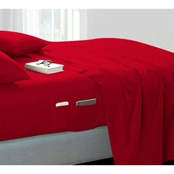 DNG Creations 4 Piece Sheet Set 12 Inch Deep Pocket With Side Storage Pockets 100% Egyptian Cotton, 800 Thread Count ( Solid Red - Olympic Queen )