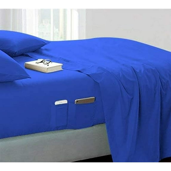 DNG Creations 4 Piece Sheet Set 12 Inch Deep Pocket With Side Storage Pockets 100% Egyptian Cotton, 800 Thread Count ( Solid Royal Blue - King )