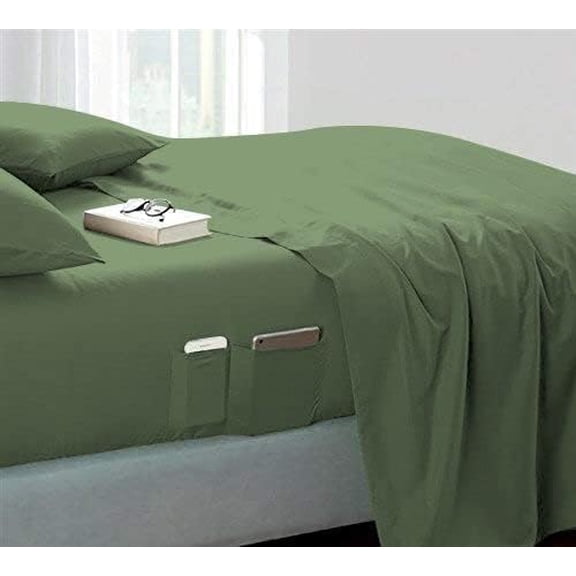 DNG Creations 4 Piece Sheet Set 15 Inch Deep Pocket With Side Storage Pockets 100% Egyptian Cotton, 800 Thread Count ( Solid Moss - Twin XL )