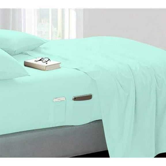 DNG Creations 4 Piece Sheet Set 21 Inch Deep Pocket With Side Storage Pockets 100% Egyptian Cotton, 800 Thread Count ( Solid Aqua Blue - Twin )