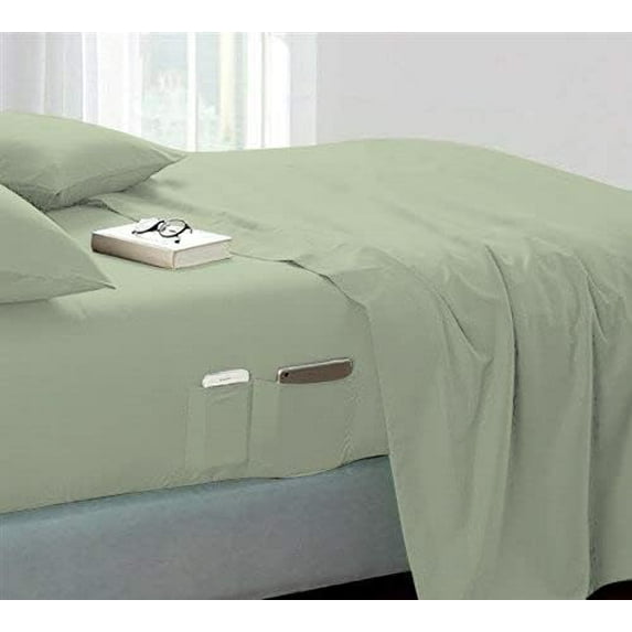 DNG Creations 4 Piece Sheet Set 21 Inch Deep Pocket With Side Storage Pockets 100% Egyptian Cotton, 800 Thread Count ( Solid Light Sage - Queen )