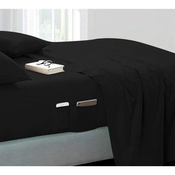 DNG Creations 4 Piece Sheet Set 24 Inch Deep Pocket With Side Storage Pockets 100% Egyptian Cotton, 800 Thread Count ( Solid Black - Twin )